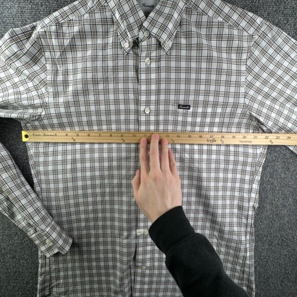 Faconnable Shirt Men Small Button Up Long Sleeve Classique Brown Blue Check - Picture 5 of 14
